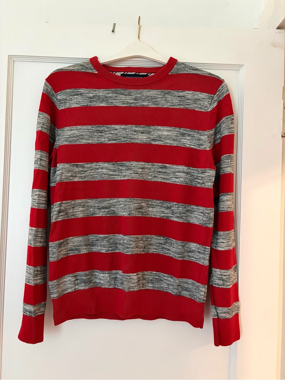 Tommy Hilfiger Red and Gray Striped Crewneck Sweater
